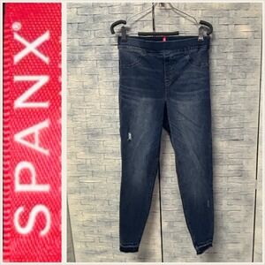SPANX‎ Large Dark Wash Distressed Denim Jeans Leggings with Raw Hem